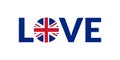 Love UK design with British flag. Great Britain patriotic logo, sticker or badge. Typography design for T-shirt graphic. Vector